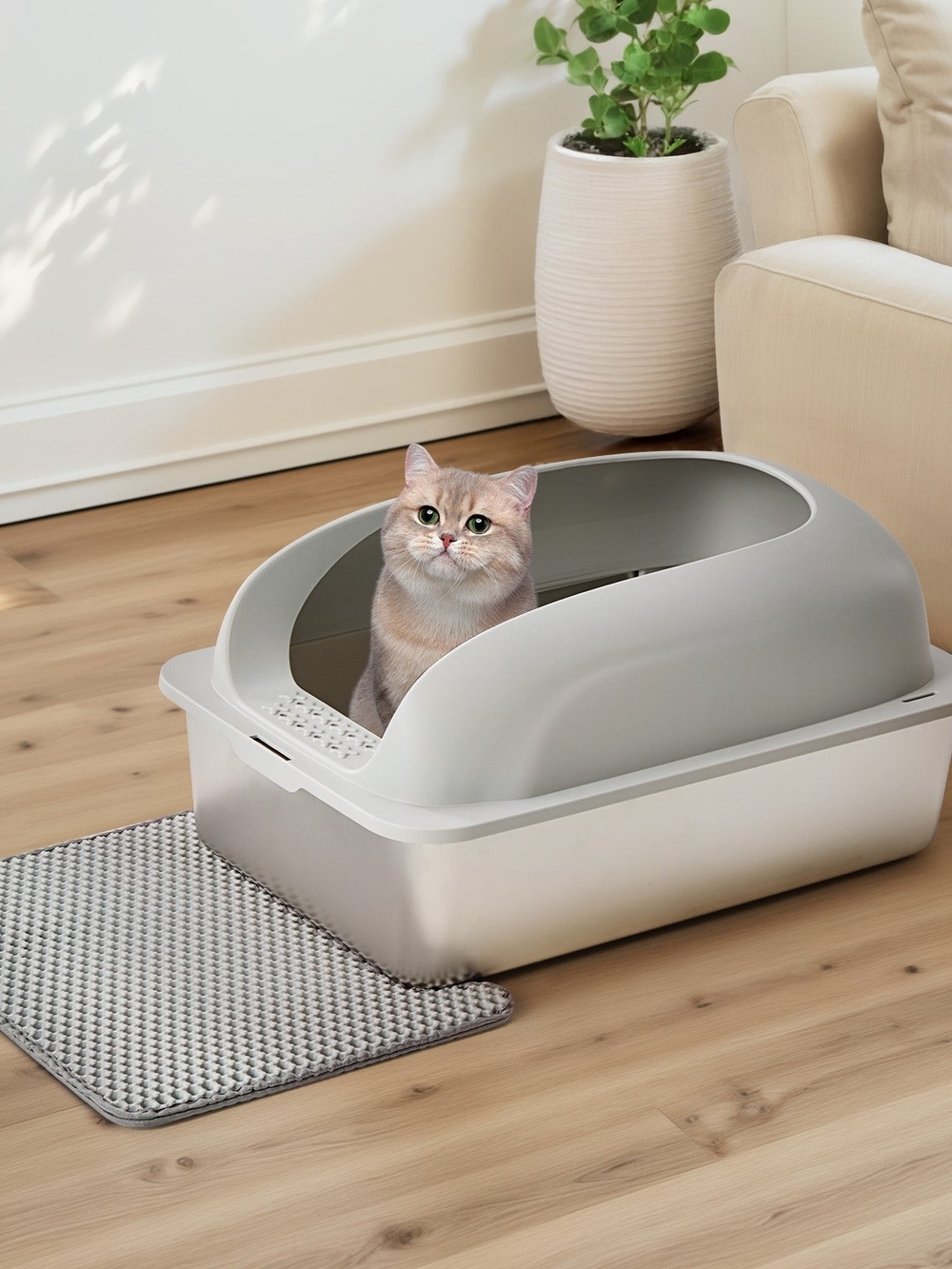 Sweetcrispy Stainless Steel Cat Litter Box with Scoop & Double-Layer Mat